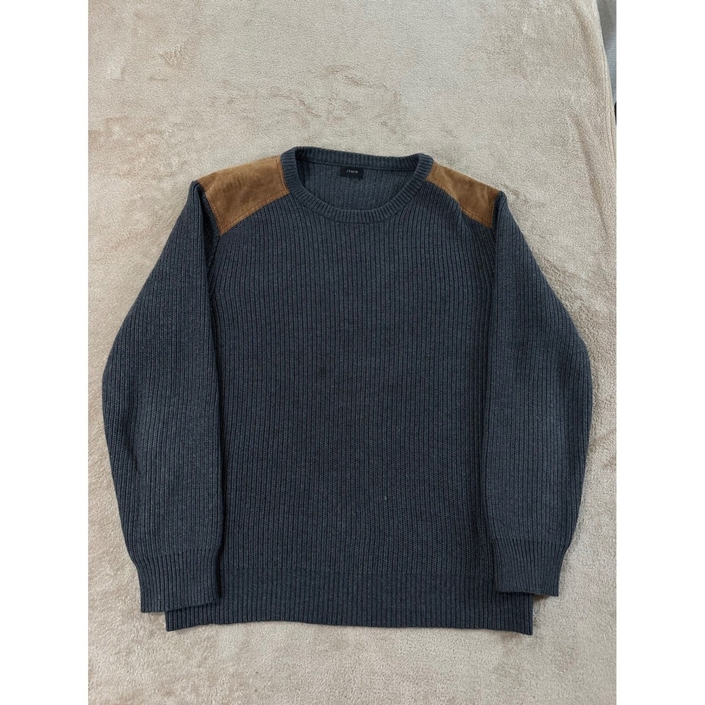 J.Crew Woodsman Ribbed Hunting Sweater Men Size L Charcoal Grey Leather Shoulder